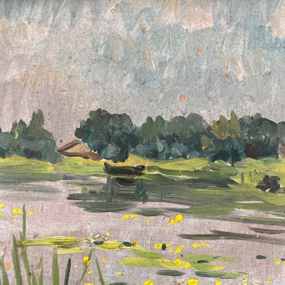 Waterlilies - Small Antique Original European Impressionist Oil Painting of a River Scene