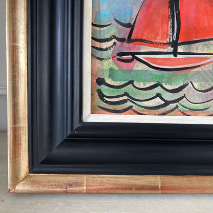 Three Sailboats - French School Mid Century Vintage Original Watercolour and Gouache Framed Painting