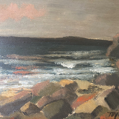 Evening Coast - Vintage Scandinavian Mid Century Oil on Board Framed Painting of Waves on Rocks under an Evening Sky