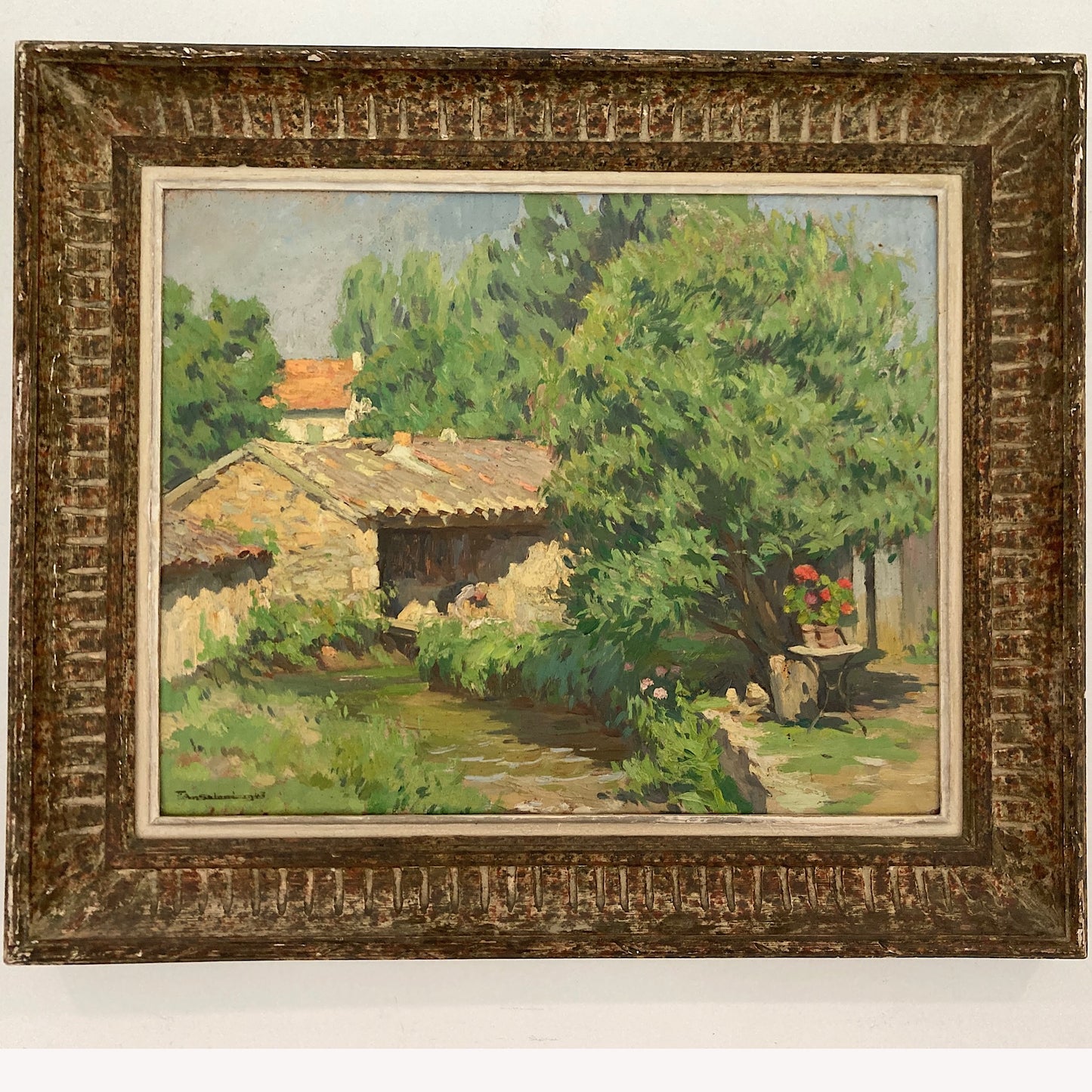 A Summer Garden in France - Medium Antique Original European Impressionist Oil Painting of a French Garden