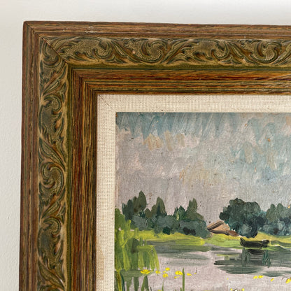 Waterlilies - Small Antique Original European Impressionist Oil Painting of a River Scene