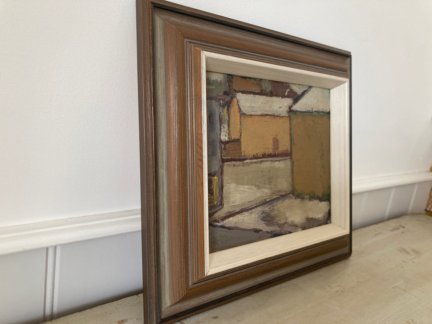 Mid Century Scandinavian Street View Oil Painting – Original Vintage Art