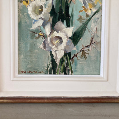 A Pair of Floral Still Life Paintings by Nan Greacen born Giverny 1908 - Impressionist Roses and Daffodils Oil on Canvas Framed Paintings