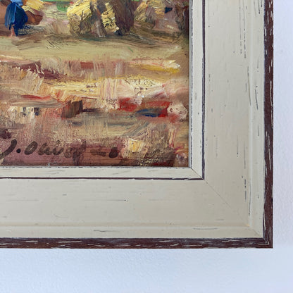 Harvest Time - Small Original Vintage Spanish Oil Painting of a Golden Landscape