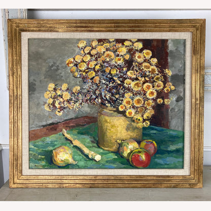 Impressionist Floral Still Life - A Vintage Mid Century European Original Still Life Oil Painting of flowers, fruit and Asparagus