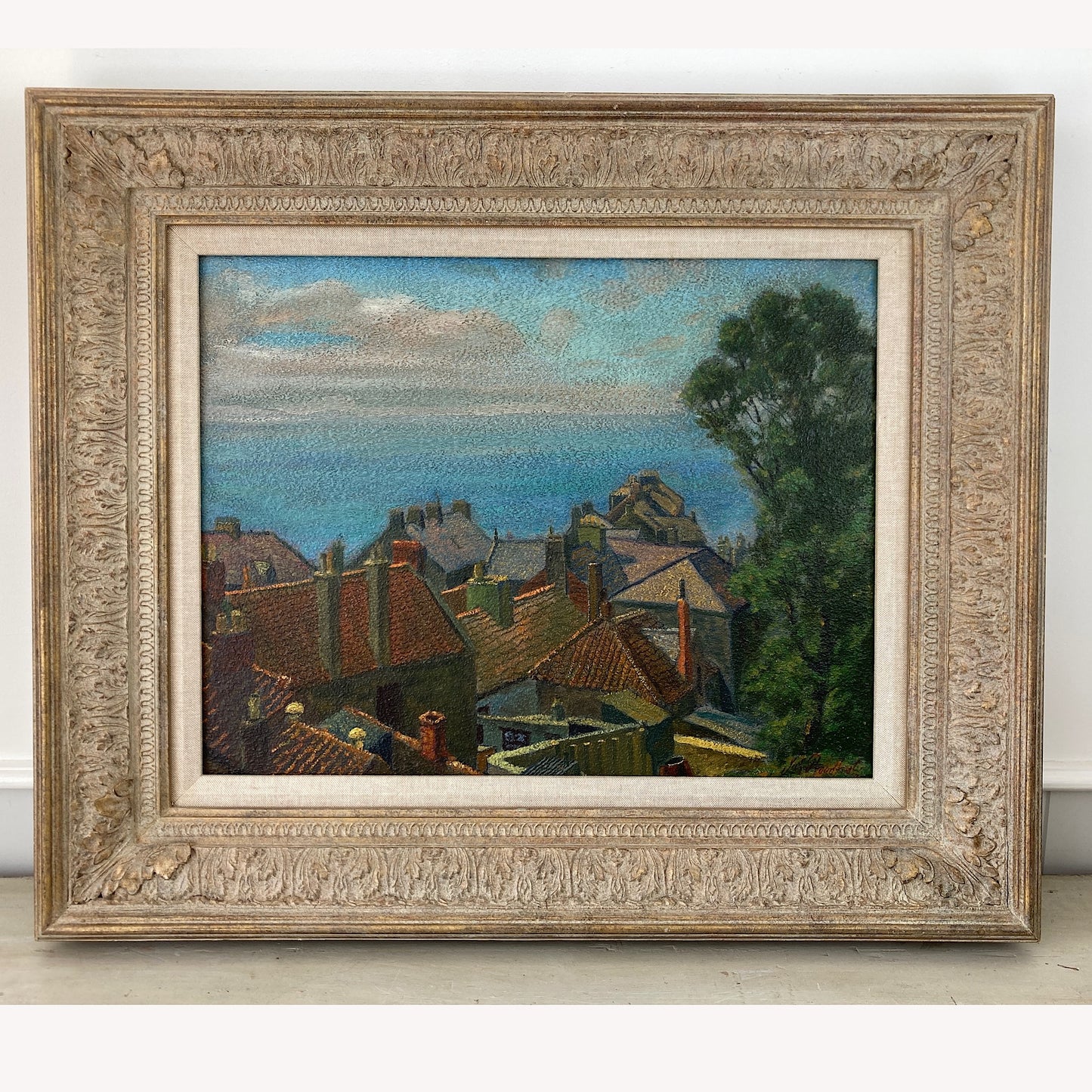 Rooftops to the Sea – British Vintage Oil on Board Framed Painting