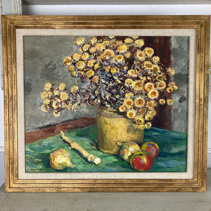 Impressionist Floral Still Life - A Vintage Mid Century European Original Still Life Oil Painting of flowers, fruit and Asparagus