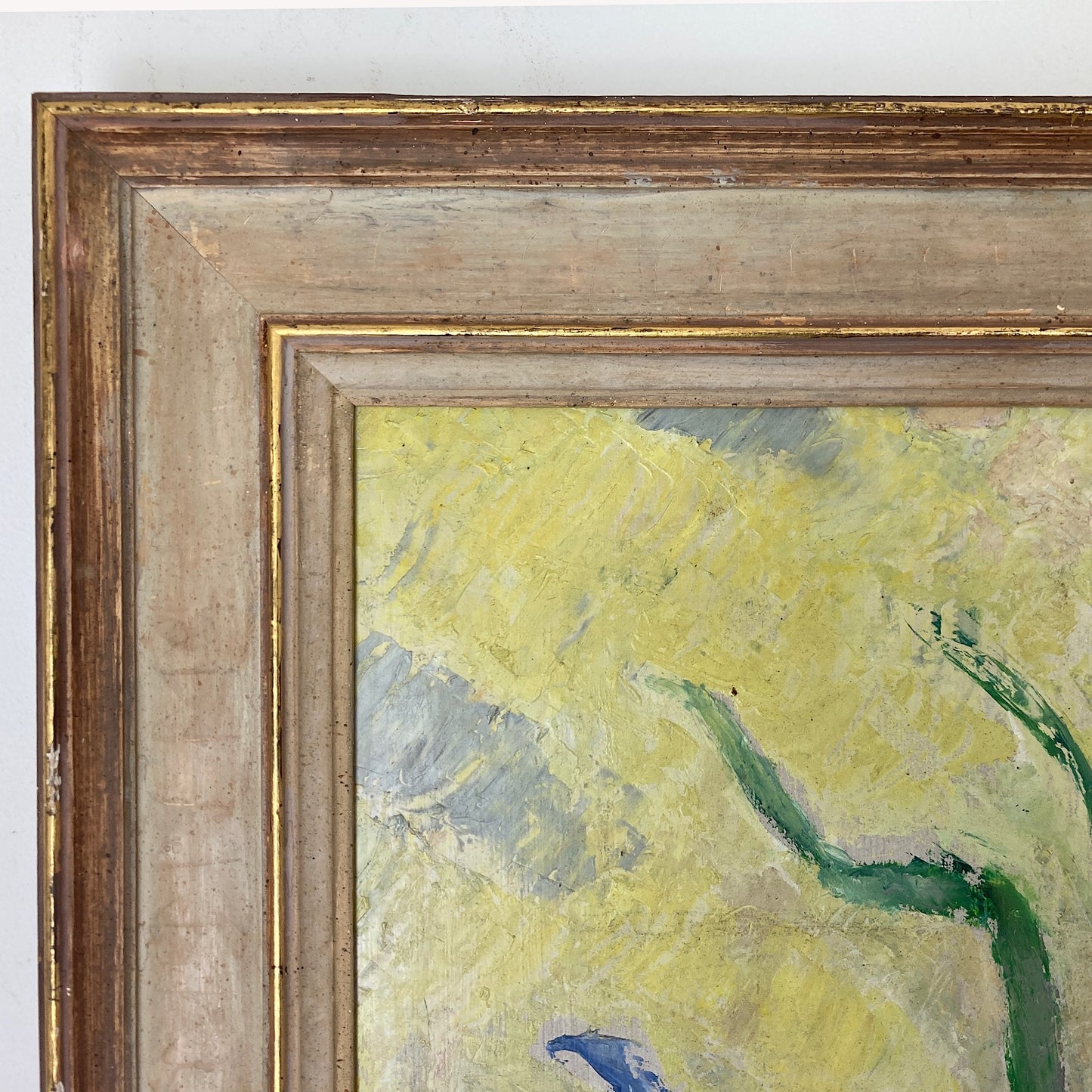 Impressionist Vintage Painting Oil on Board of Iris Flowers in a Still Life Composition Scandinavian Vintage Framed Original Art Dated 1940