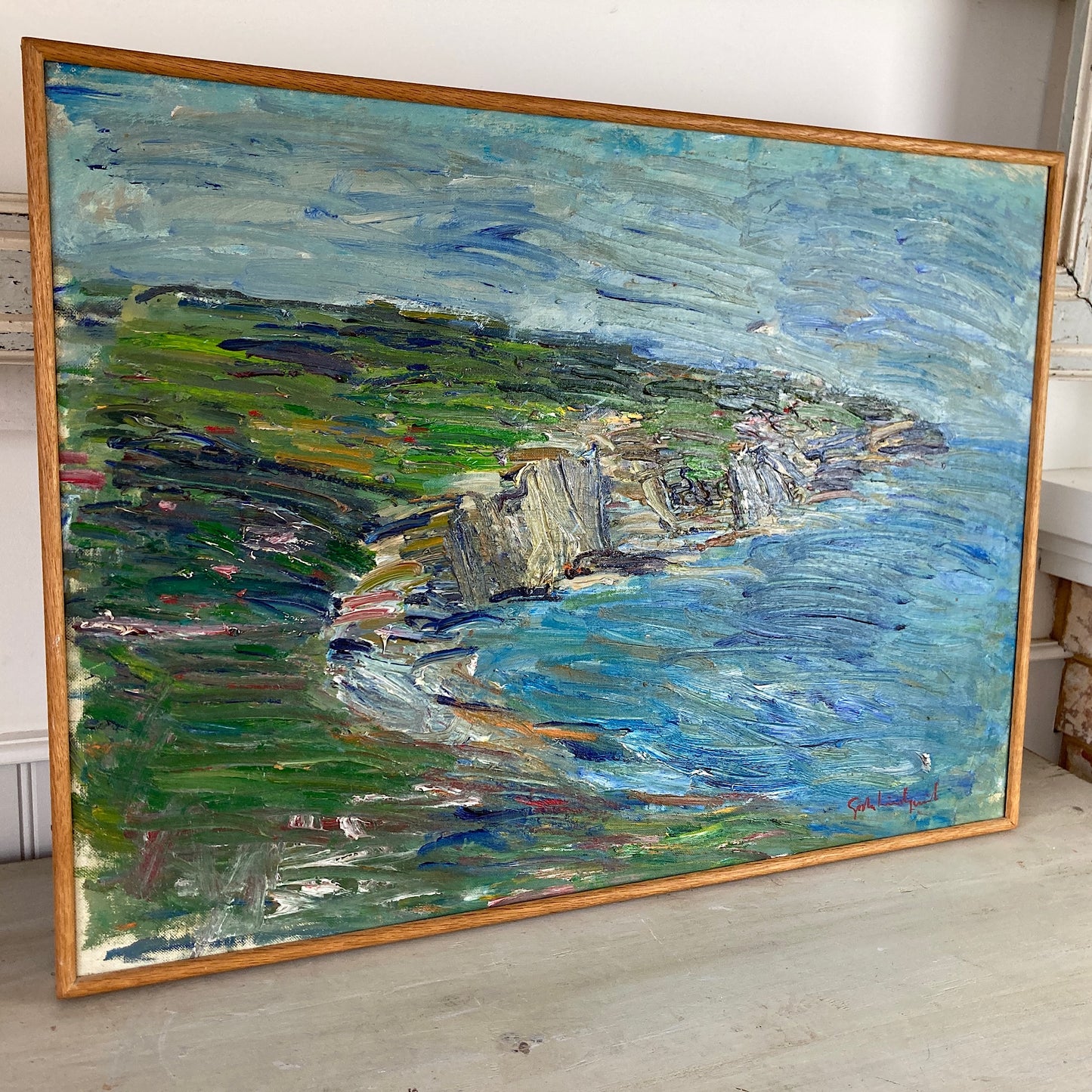 Impressionist Coast - Large Swedish Coastal Landscape of Falaise de Pourville Original Framed Oil Painting in the Scandinavian Modern Style