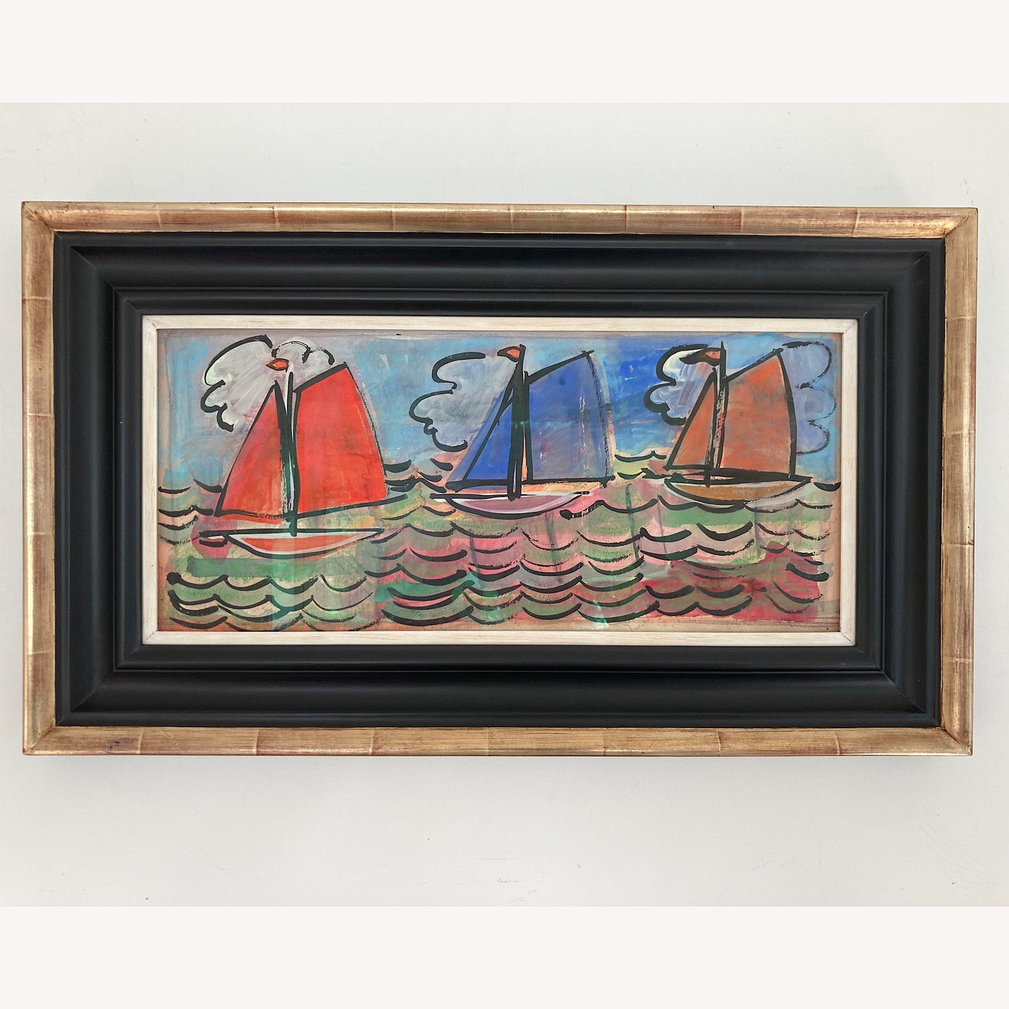 Three Sailboats - French School Mid Century Vintage Original Watercolour and Gouache Framed Painting