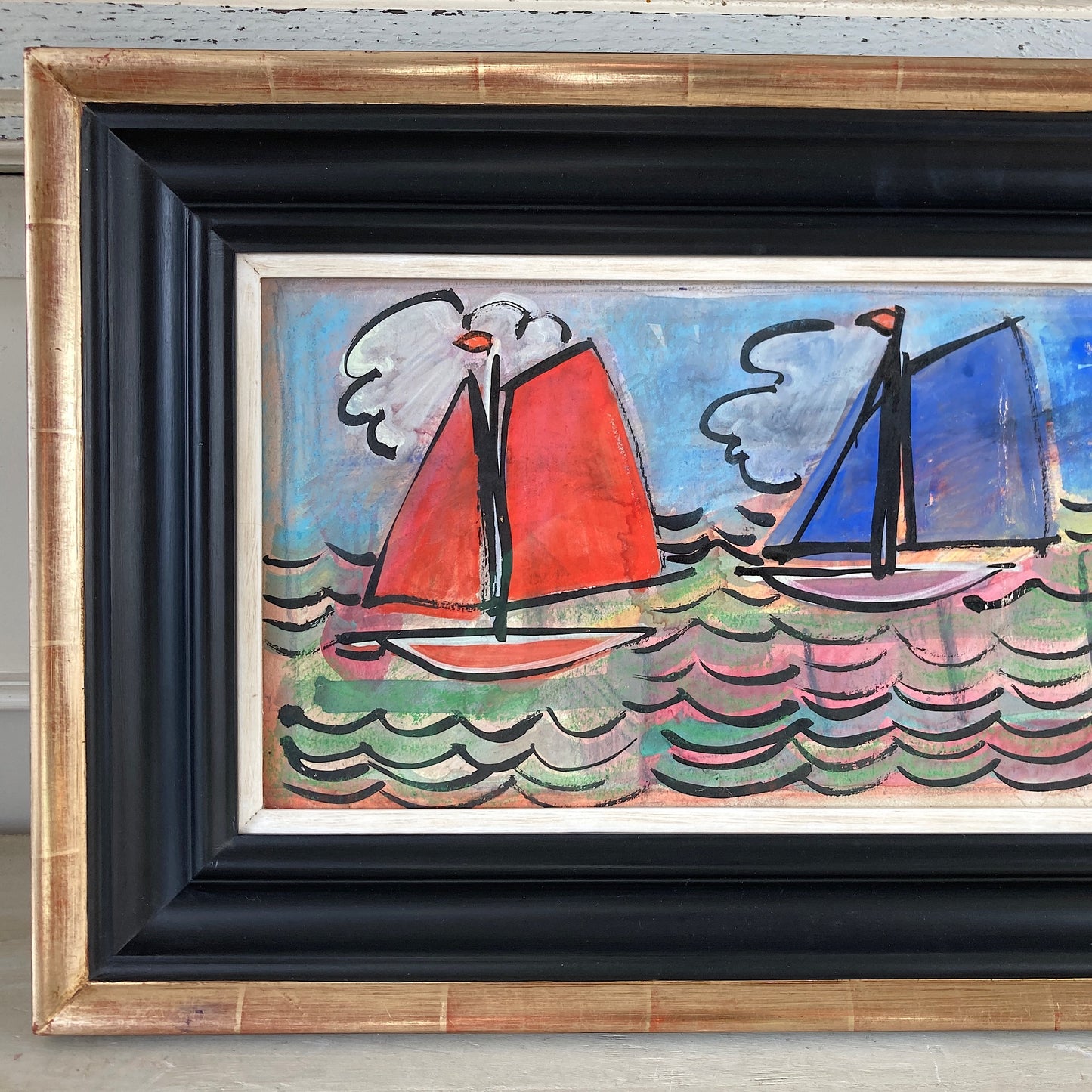 Three Sailboats - French School Mid Century Vintage Original Watercolour and Gouache Framed Painting