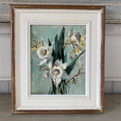 A Pair of Floral Still Life Paintings by Nan Greacen born Giverny 1908 - Impressionist Roses and Daffodils Oil on Canvas Framed Paintings