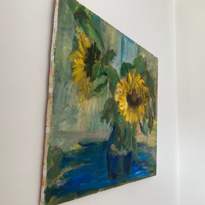 Sunflowers - Vintage European Original Still Life Oil Painting of Sunflowers in a Vase