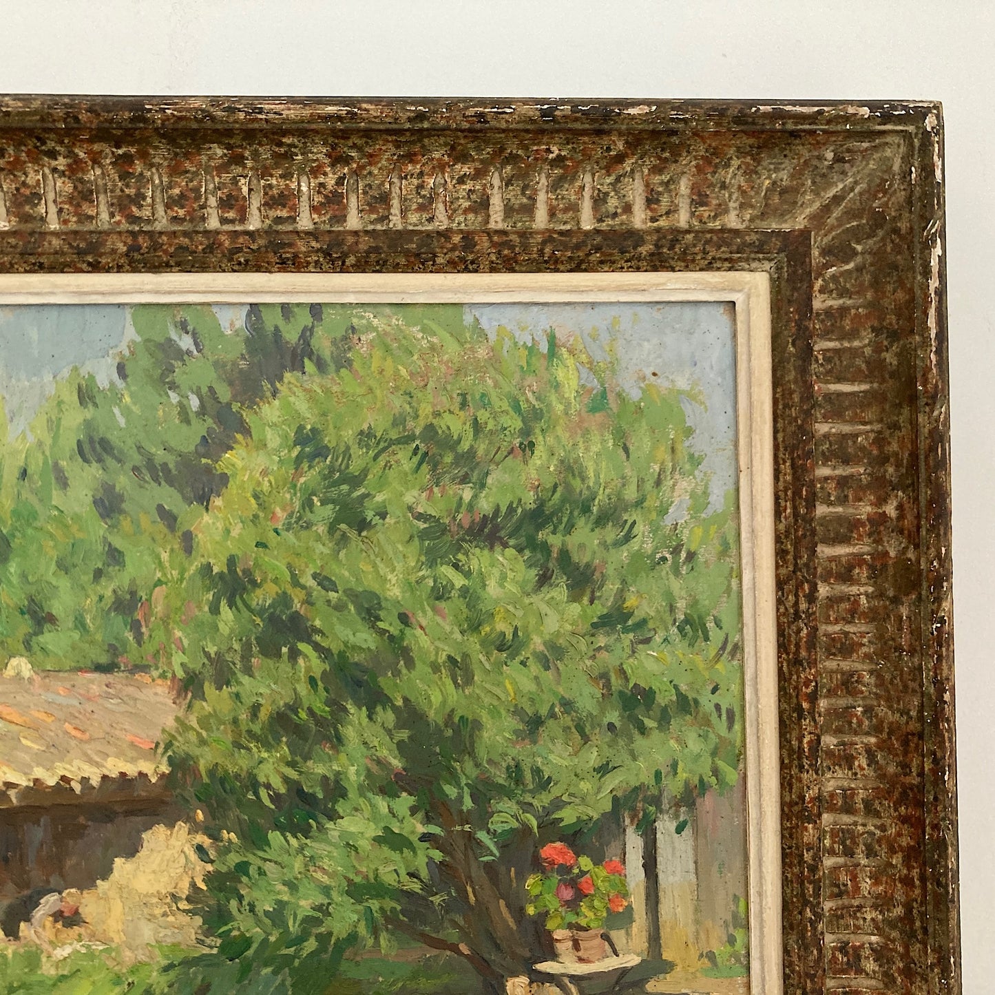 A Summer Garden in France - Medium Antique Original European Impressionist Oil Painting of a French Garden