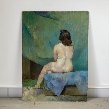 Gentle Rest – Study of the Female Form Vintage Oil on Board Painting