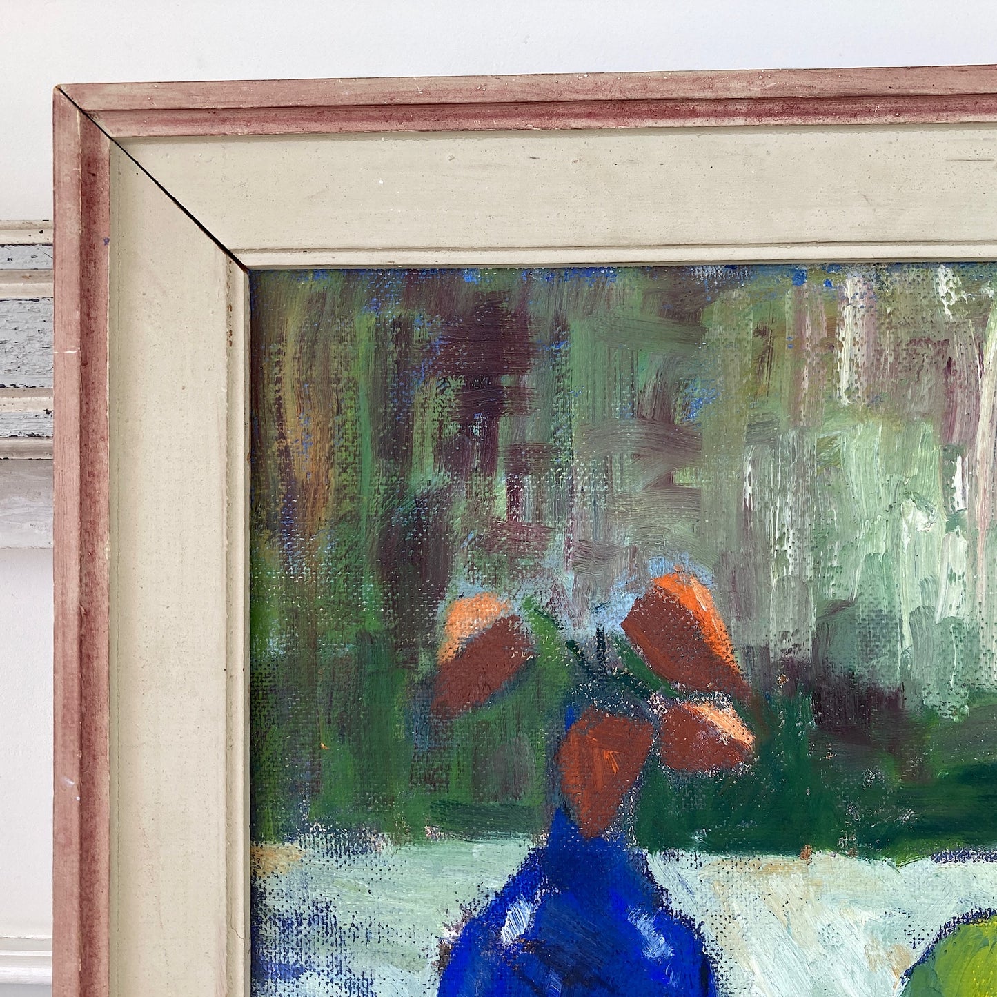 Blue Vase and Apple - A Vintage Swedish Mid Century Original Scandinavian Modernist Oil on Board Painting