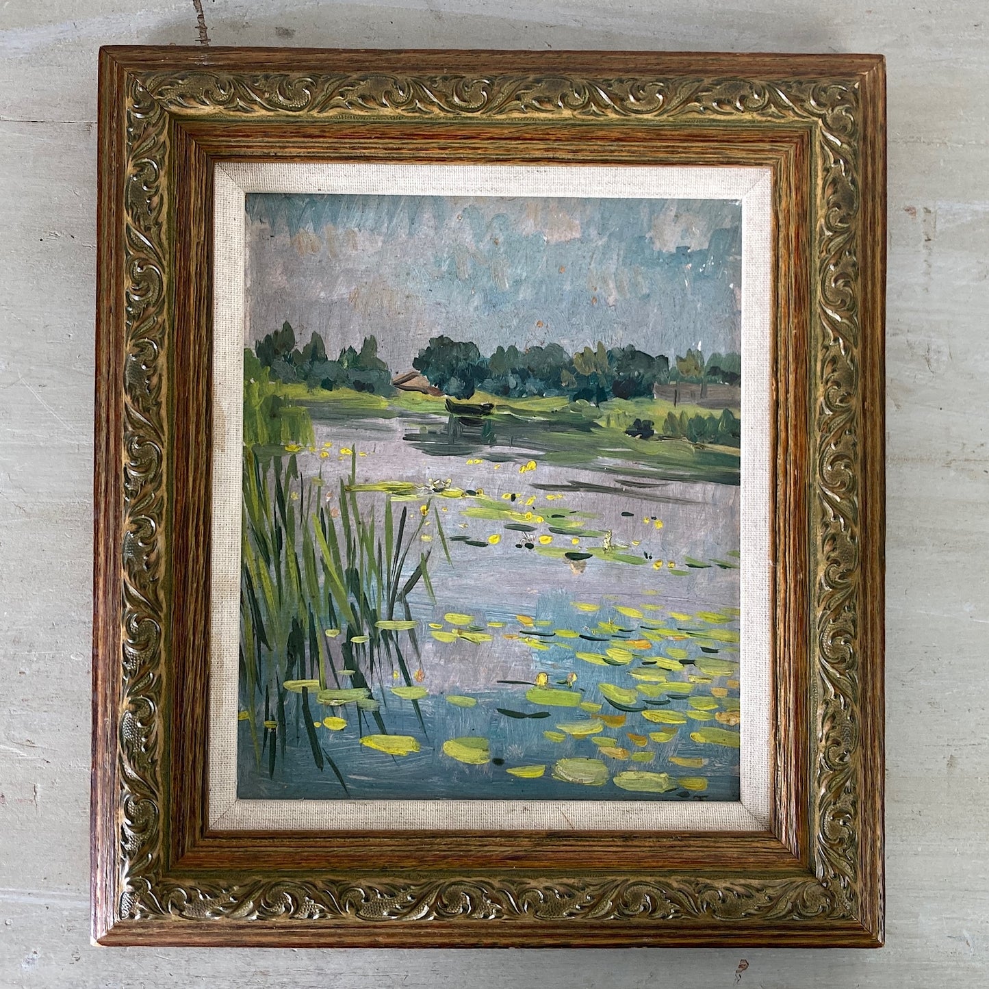 Waterlilies - Small Antique Original European Impressionist Oil Painting of a River Scene