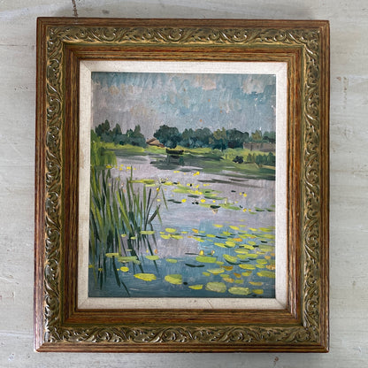 Waterlilies - Small Antique Original European Impressionist Oil Painting of a River Scene