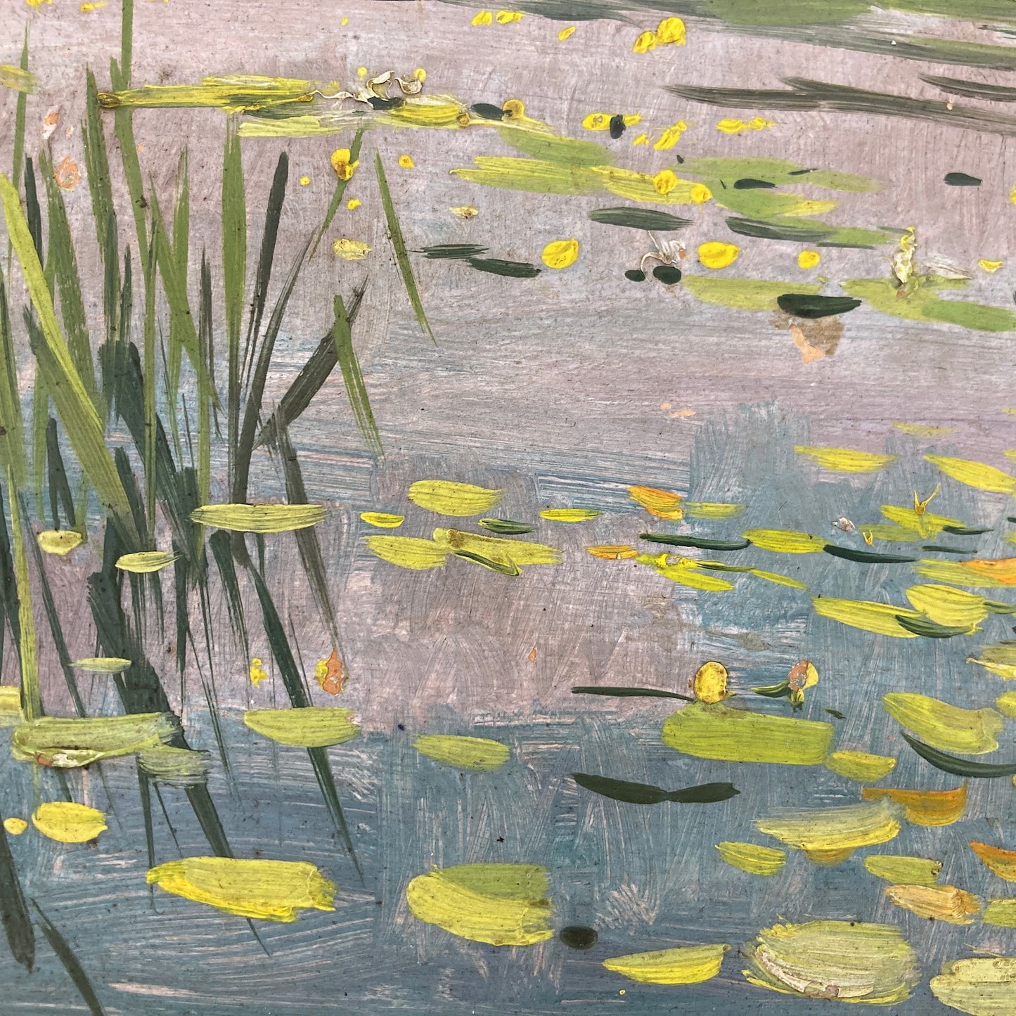 Waterlilies - Small Antique Original European Impressionist Oil Painting of a River Scene