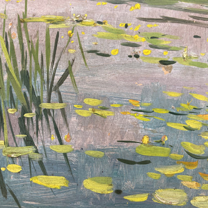 Waterlilies - Small Antique Original European Impressionist Oil Painting of a River Scene