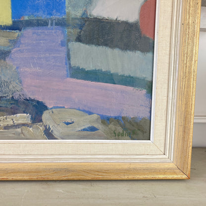 Coastal Houses - Mid Century Modern Swedish Oil on Canvas Painting Dated 1955