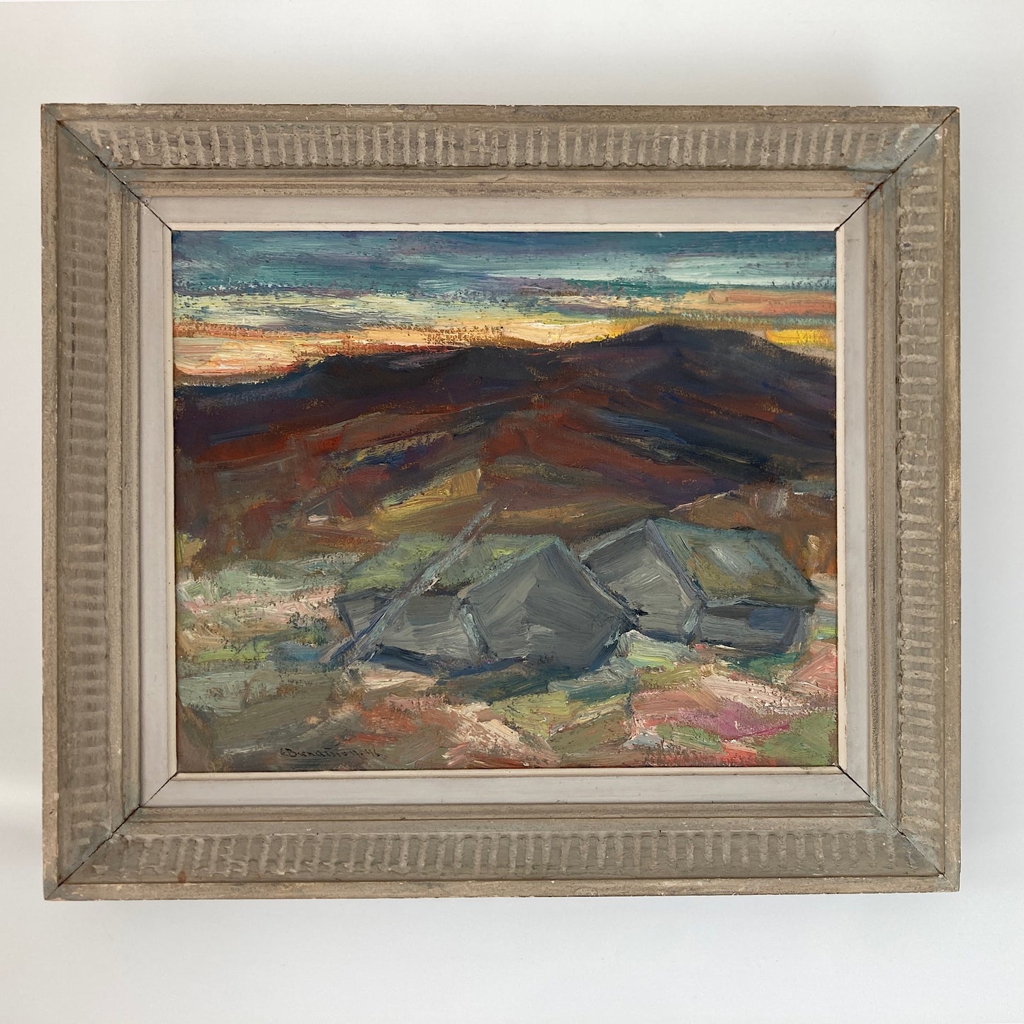 Shepherds Huts - Medium Vintage Mid Century Modern Scandinavian Original Oil Painting