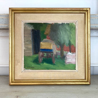 The Painted Cart - A MID CENTURY Oil on Board of a Summer Country Scene - Scandinavian Vintage Framed Painting