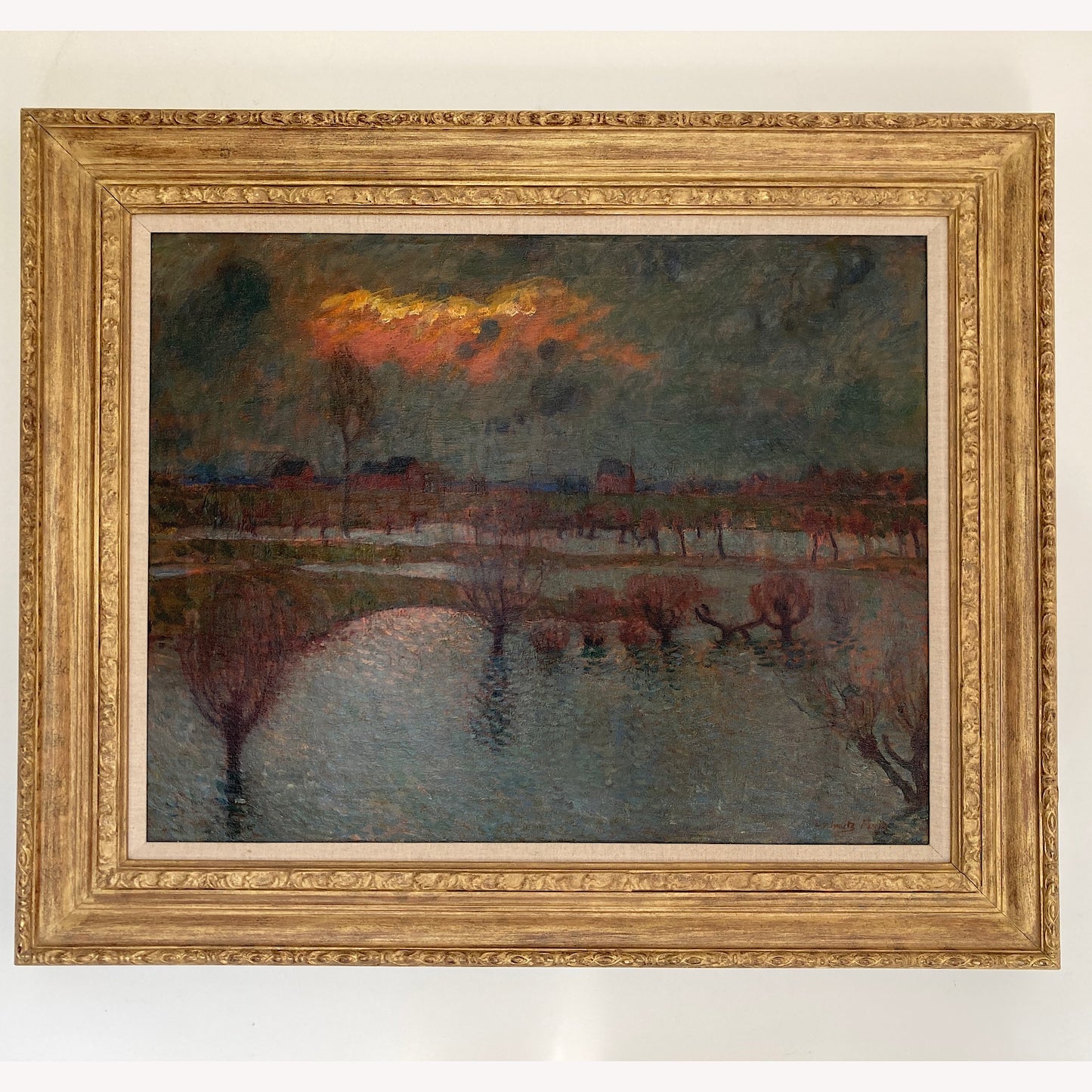 Dusk over Water - Antique Oil on Canvas Painting by Listed Artist Carl Schmitz-Pleis (1877-1943) Large Impressionist Antique Painting