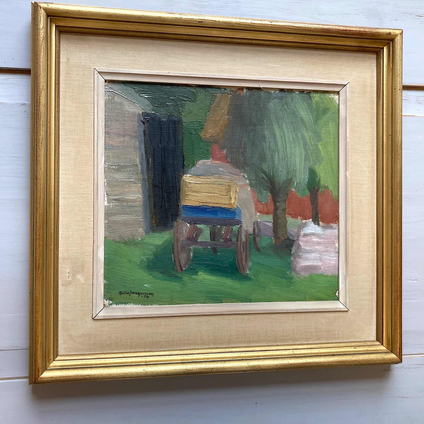 The Painted Cart - A MID CENTURY Oil on Board of a Summer Country Scene - Scandinavian Vintage Framed Painting