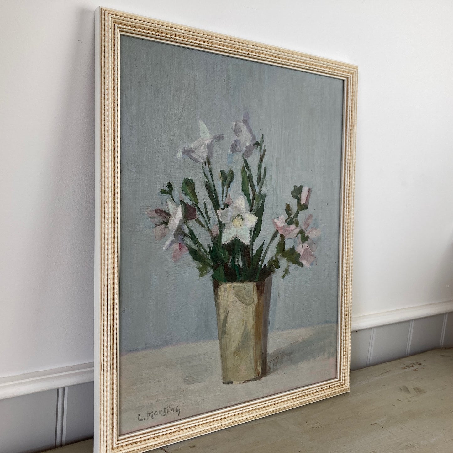 Campanula Flowers - Vintage Mid Century Modern Scandinavian Original Oil Painting by Leopold Morsing