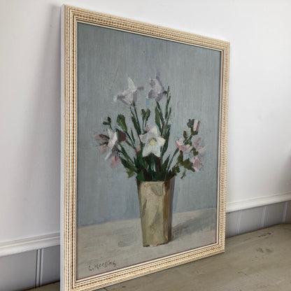 Campanula Flowers - Vintage Mid Century Modern Scandinavian Original Oil Painting by Leopold Morsing