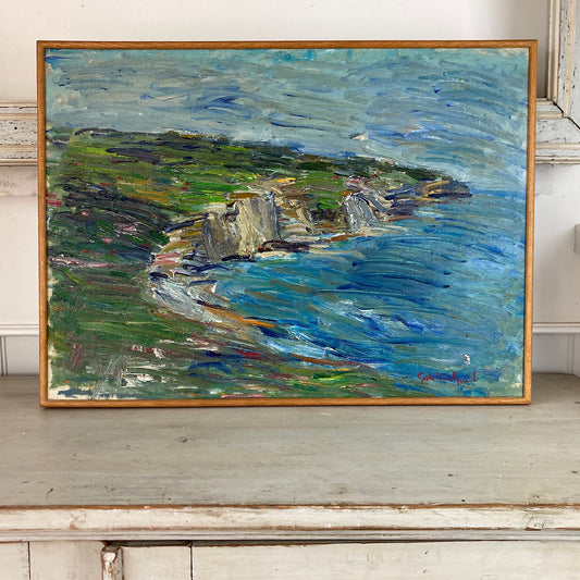 Impressionist Coast - Large Swedish Coastal Landscape of Falaise de Pourville Original Framed Oil Painting in the Scandinavian Modern Style