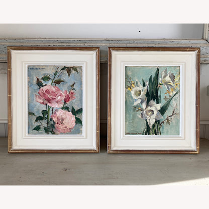 A Pair of Floral Still Life Paintings by Nan Greacen born Giverny 1908 - Impressionist Roses and Daffodils Oil on Canvas Framed Paintings