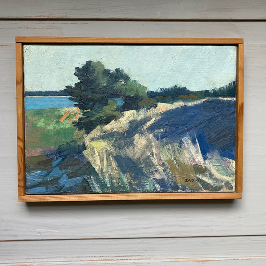 A Moving Landscape - Vintage Mid Century Modernist Small Oil on Canvas Painting of a Landscape Leading to a Lake or Ocean Bay