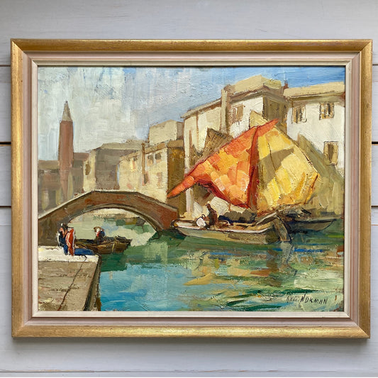 Sail boats in Venice - Mid Century Modern Original Framed Oil Painting of a Venetian Scene