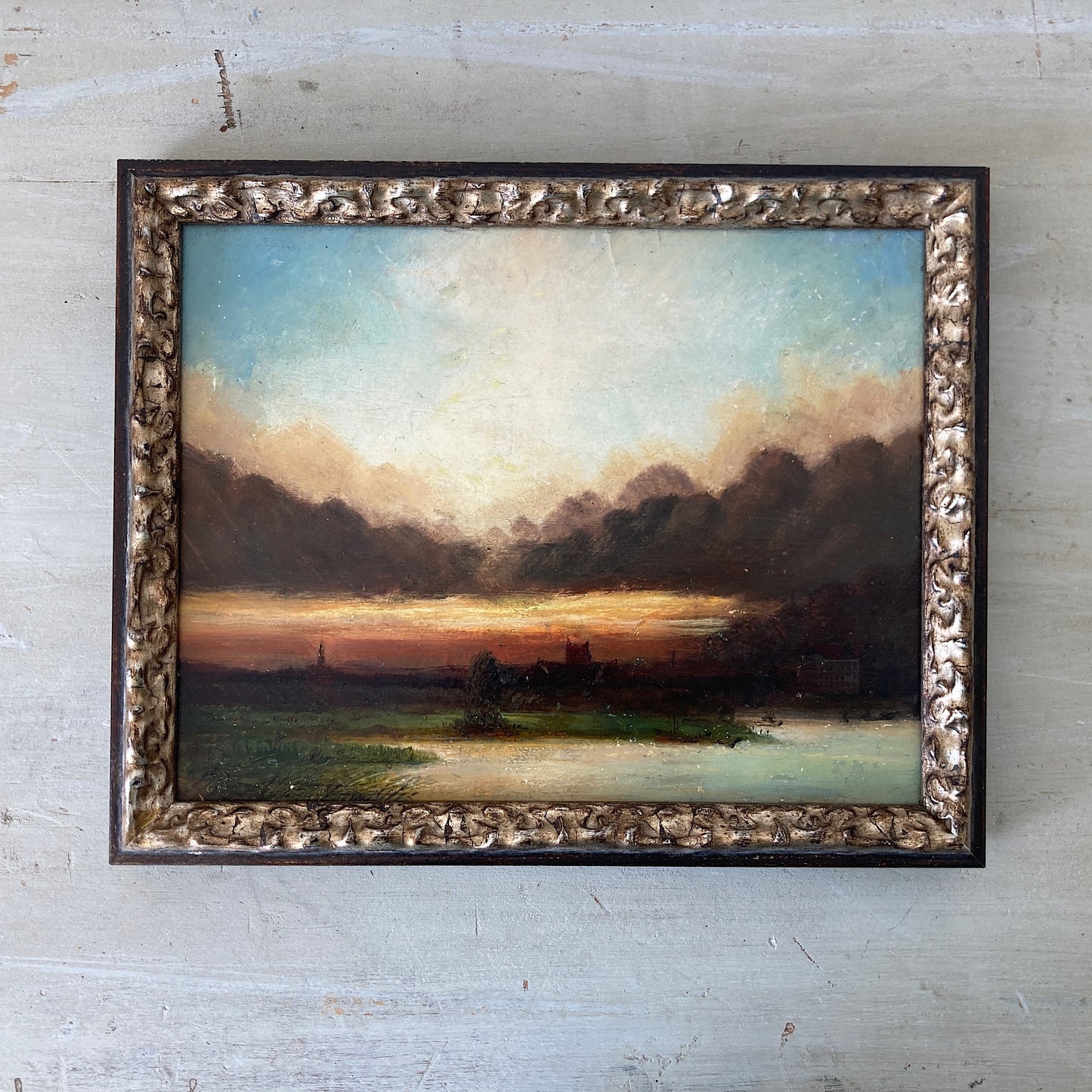 Twilight - Small Antique British Original Oil Painting of Worcester Cathedral