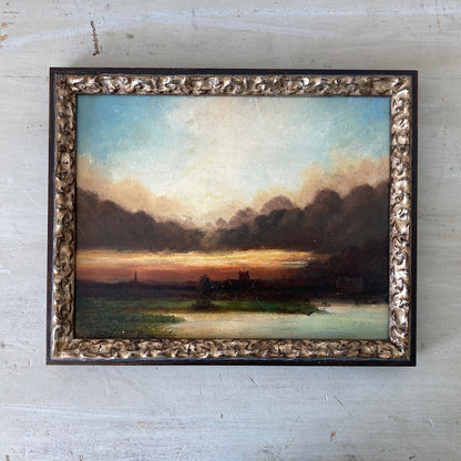 Twilight - Small Antique British Original Oil Painting of Worcester Cathedral