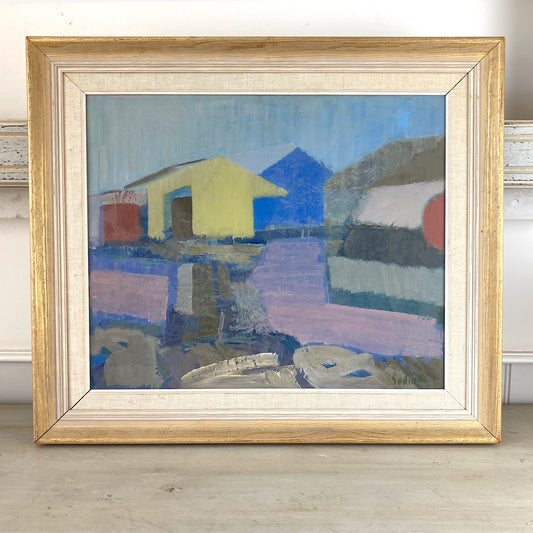 Coastal Houses - Mid Century Modern Swedish Oil on Canvas Painting Dated 1955