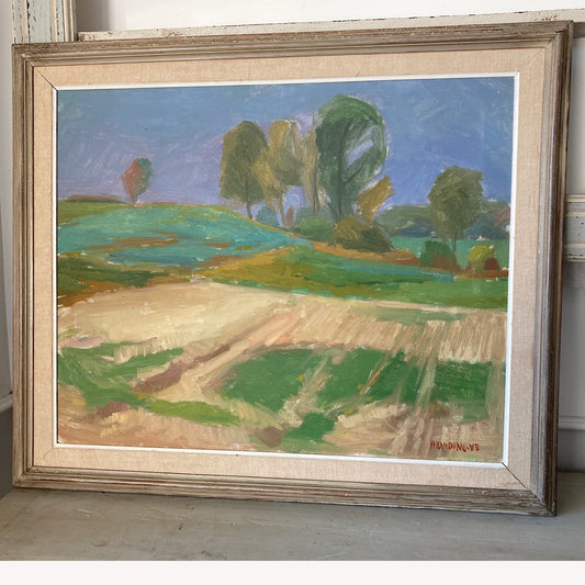Green Fields - Swedish Mid Century Original Oil on Canvas Framed Painting - Scandinavian Vintage Art