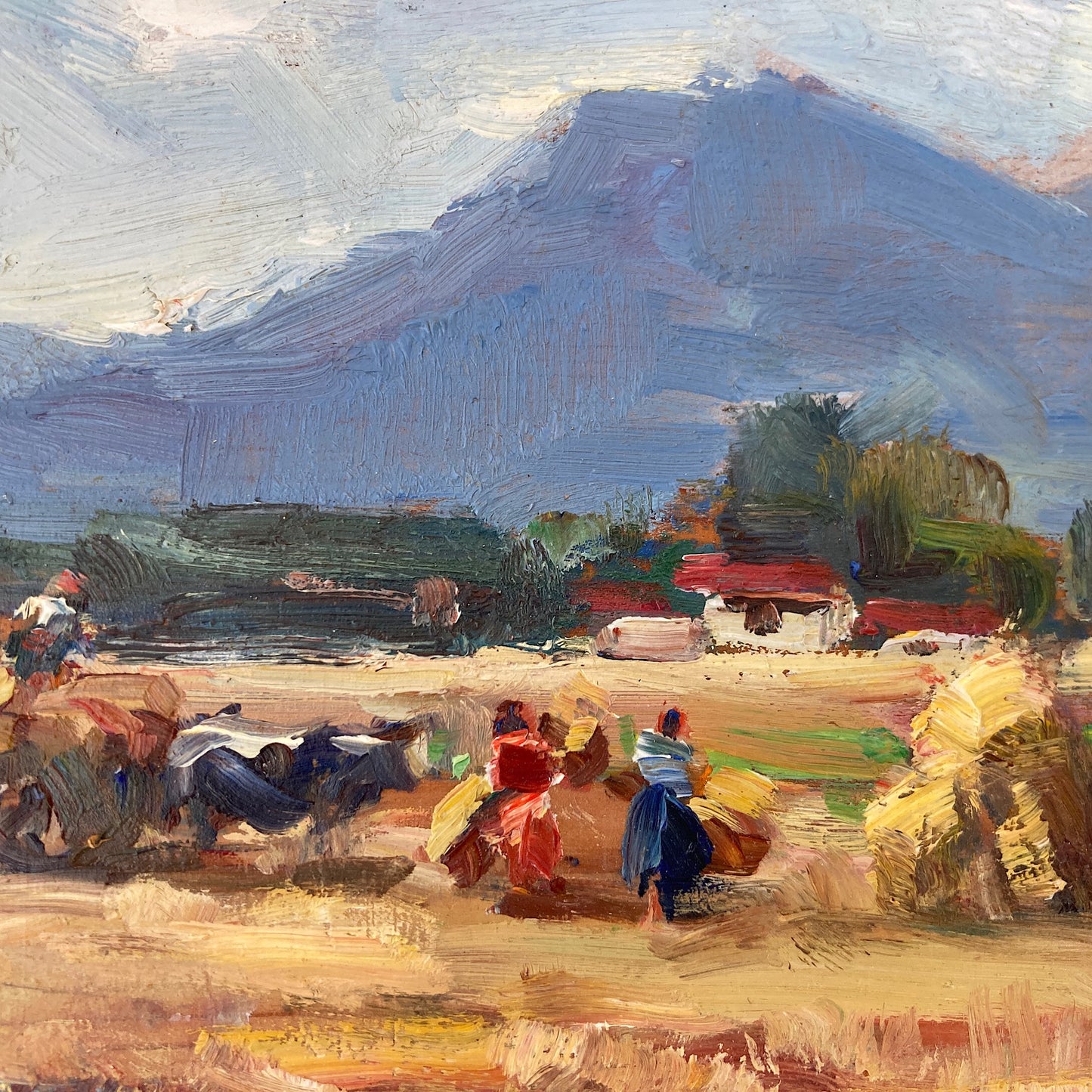 Harvest Time - Small Original Vintage Spanish Oil Painting of a Golden Landscape