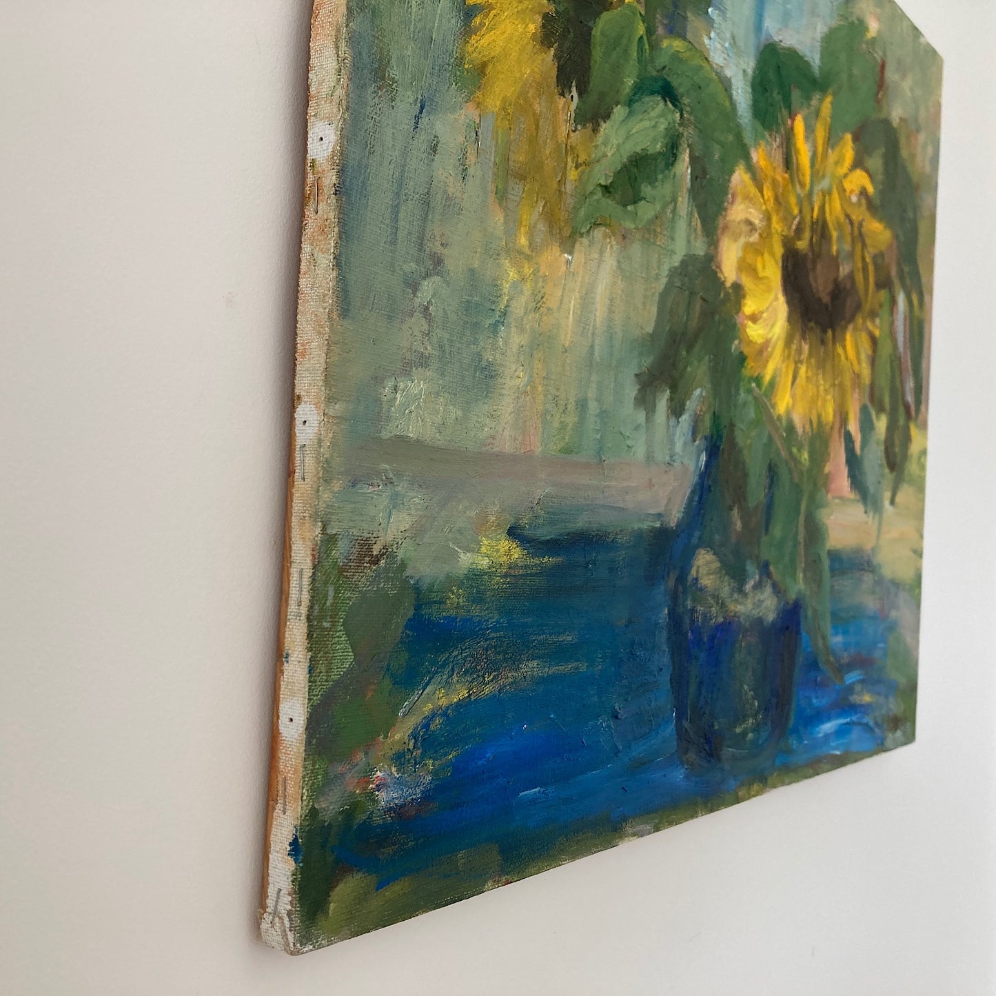 Sunflowers - Vintage European Original Still Life Oil Painting of Sunflowers in a Vase