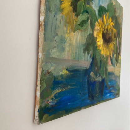 Sunflowers - Vintage European Original Still Life Oil Painting of Sunflowers in a Vase