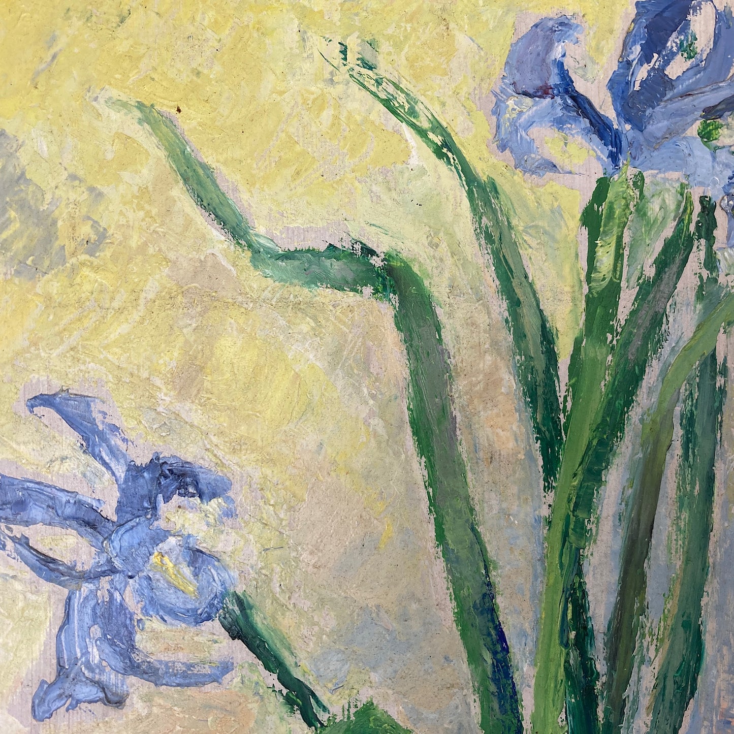 Impressionist Vintage Painting Oil on Board of Iris Flowers in a Still Life Composition Scandinavian Vintage Framed Original Art Dated 1940