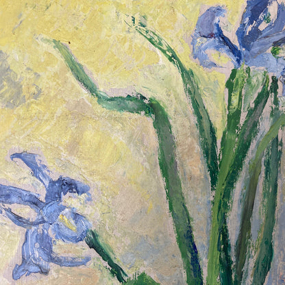 Impressionist Vintage Painting Oil on Board of Iris Flowers in a Still Life Composition Scandinavian Vintage Framed Original Art Dated 1940