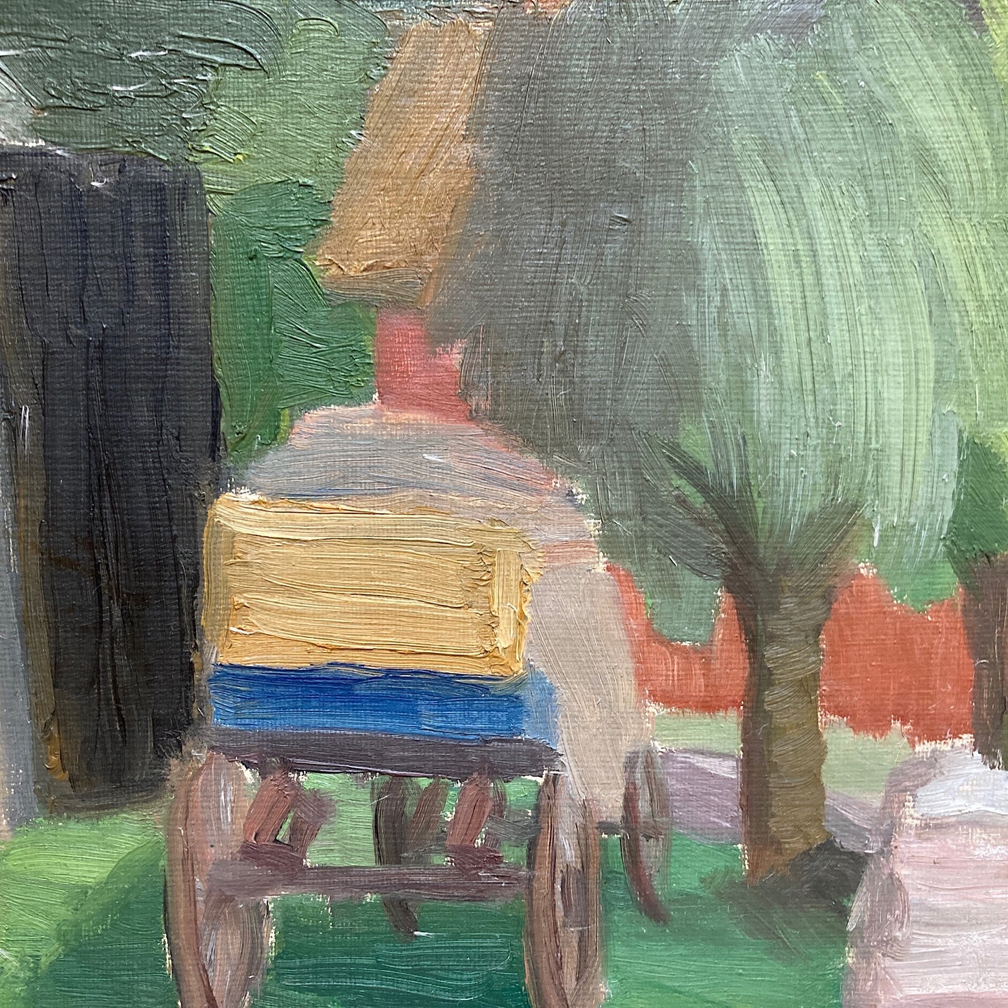 The Painted Cart - A MID CENTURY Oil on Board of a Summer Country Scene - Scandinavian Vintage Framed Painting