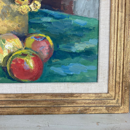 Impressionist Floral Still Life - A Vintage Mid Century European Original Still Life Oil Painting of flowers, fruit and Asparagus