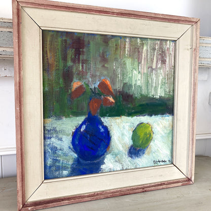 Blue Vase and Apple - A Vintage Swedish Mid Century Original Scandinavian Modernist Oil on Board Painting