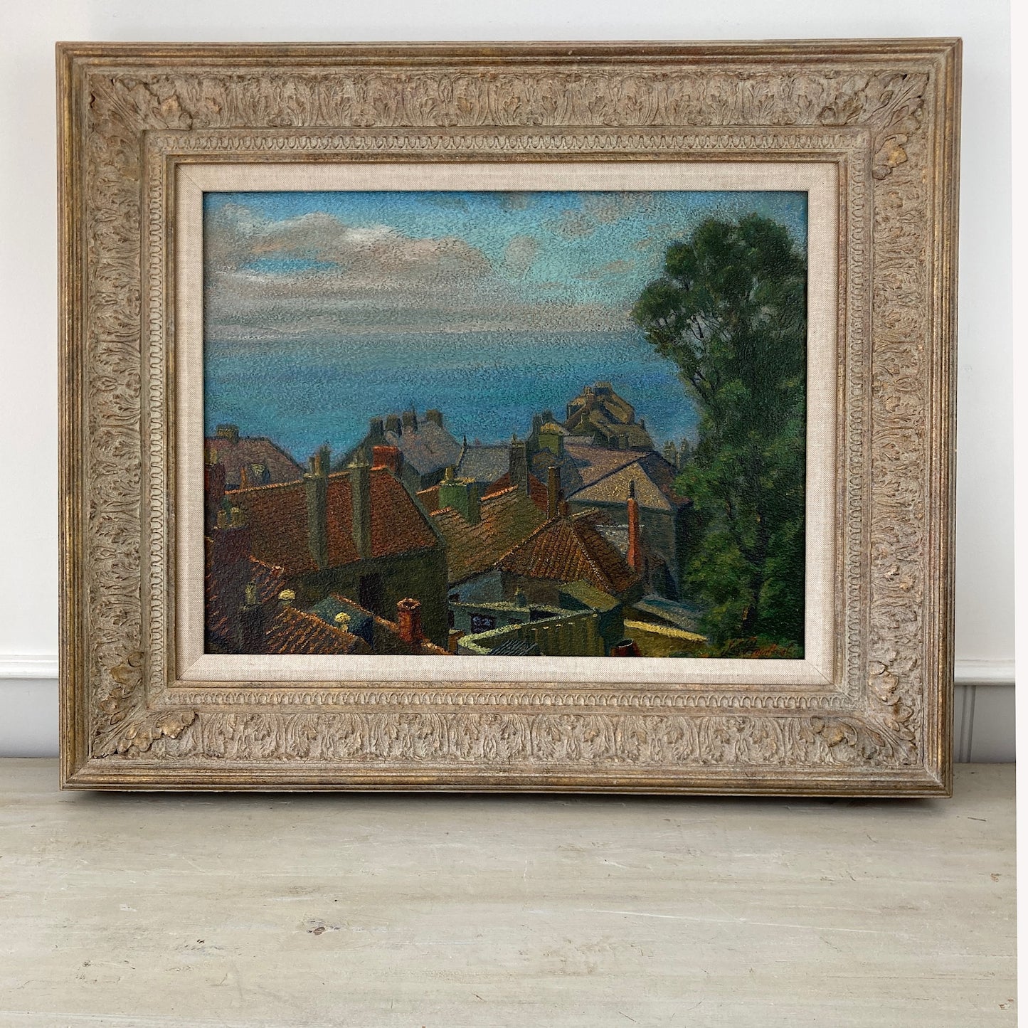 Rooftops to the Sea – British Vintage Oil on Board Framed Painting