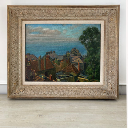 Rooftops to the Sea – British Vintage Oil on Board Framed Painting