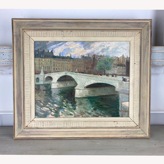 Paris ~ An Original Vintage Painting of Paris Circa 1950 - Framed Oil on Canvas of Figures Walking across the River Seine